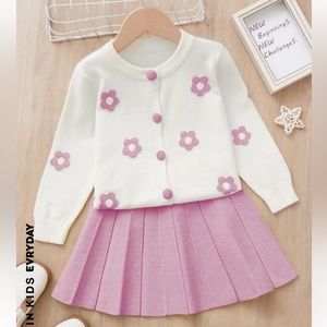Flower floral button sweater cream pink with matching skirt